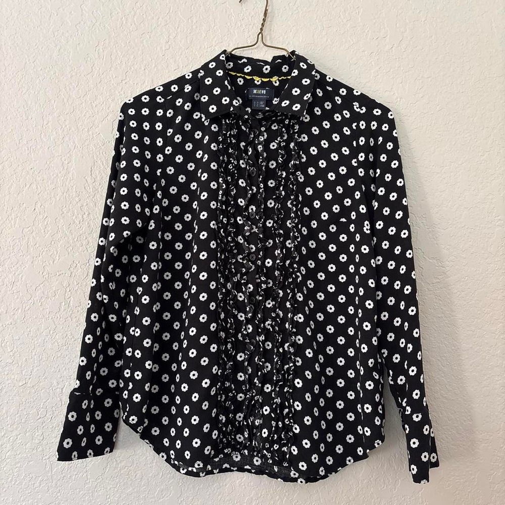 Maeve by Anthropologie black button down floral shirt with ruffle detail.